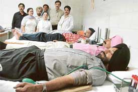 Donors at a blood donation camp for thalassaemic kids at the DMCH in Ludhiana on