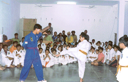 Trainees appear in belt gradation tests at Saupins School in Panchkula on Monday.
