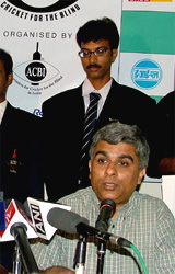 George Abraham, Chairman, Association of Cricket for the Blind in India, addressing a press conference on Indo-Pak Petro Cup Cricket for the Blind