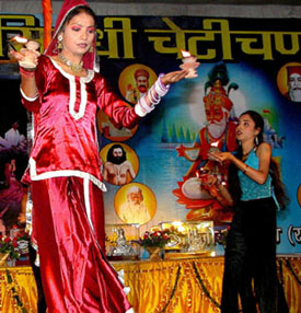 A Sindhi girl performing during the birthday celebration of Shri Jhulelal Ji at Punjabi Bagh in the Capital.