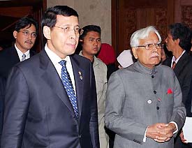 External Affairs Minister Natwar Singh with his Indonesian counterpart Hassan Wirajuda after the opening of the Asia-Africa Ministerial Meeting at the Jakarta Convention Centre on Wednesday
