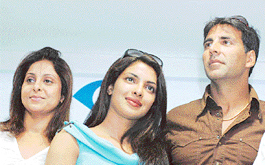 Actors Akshay Kumar, Priyanka Chopra and Shefali Shah promote their film Waqt through video-conferencing on Thursday. 