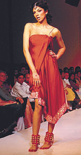 A model wears the creation of Rocky S during the Lakme India Fashion Week 2005 in the Capital.