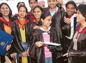 Students after receiving degrees at the convocation of Shaheed Udham Singh College of Engineering and Technology, Tangori, on Friday