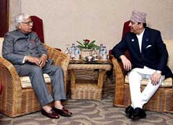 External Affairs Minister Natwar Singh meets King Gyanendra of Nepal on the sidelines of the Afro-Asian Summit in Jakarta on Friday.
