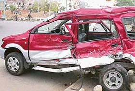 The mangled car that met with an accident at PCL Chowk, Mohali