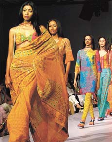 Models displaying designer Nikki Mahajans collection during Lakme India Fashion Week 2005 in the Capital