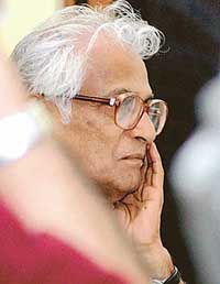 Former Union Minister and Convener of the NDA George Fernandes in a pensive mood at a seminar on Threats to Indias integrity organised by the Centre for National Renaissance at the Constitution Club in New Delhi on Saturday. 