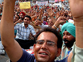 Government schoolteachers protest at Bathinda bus stand on Saturday. 