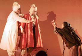 Manpal Tiwana in the role of Nawab Wazir Khan and Nirmal Rishi in the play Sirhind De Deewar staged in Ludhiana