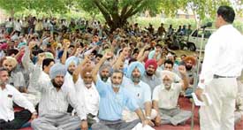 Members of the PAU Employees Union and the PAU Class IV Workers Union stage a rally in Punjab Agricultural University