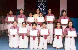 The students of Ryan International School, Ludhiana who scored over 90 per cent marks were presented school ties’ by principal Ms Jayshree Gupta on Monday