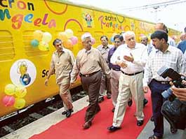 Minister for Science and Technology and Ocean Development Kapil Sibal just prior to the flagging-off ceremony of Vigyan Rail in New Delhi on Tuesday. 