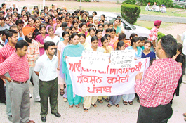 ITI students hold a rally in Ludhiana on Wednesday. Photo I.V. 