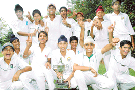 The Patiala district team after winning the Under-15 Sushil Bali Inter-district Cricket Tournament at the PCA Stadium in Mohali on Sunday.