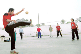 Players undergo practice  session of the Sepak Takraw at St. Josephs School, Sector 44, Chandigarh, on Monday. 