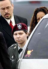 Army Pfc. Lynndie England arrives for a court hearing at Fort Hood, Texas, on Monday