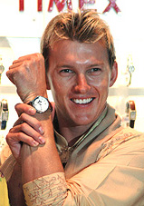 Australian cricketer and Timex brand ambassador Brett Lee during the unveiling of Timex Perpetual Calendar Collection watch at a press conference in New Delhi on Tuesday. The watches are priced between Rs 2,995 and Rs 4,495.