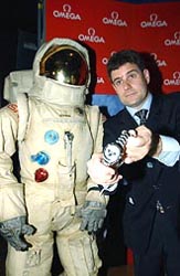 Area Sales Manager of Omega International Jonathan Stalder displays a Omega Speedmaster watch, used in the first space mission to the moon, during the launch of a limited-edition of the watch in Kolkata on Tuesday.