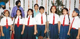 Students sing National Anthem at the inter-school declamation contest organised by Nehru Sidhant Kender Trust