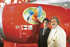 United Breweries  Chairman Vijay Mallya with  son Siddharth at the launch of Kingfisher Airlines as he unveils the Airbus A320S as the first airlines aircraft in Mumbai on Saturday night.