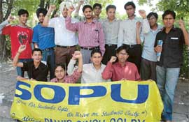 Students of the Department of Chemical Engineering and Technology and SOPU activists protest outside the VC office at Panjab University, Chandigarh, on Monday. 