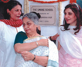 Mrs Gursharan Kaur with Mrs Sunita Kohli and Devi Cherian, members of the Umang Charitable Society, at the inauguration of the recently rebuilt and refurbished Bhartiya Grameen Mahila Sangh Balwadi, at New Friends Colony in the Capital.