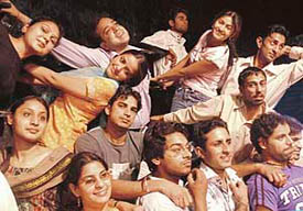 Students of the Department of Indian Theatre, Panjab University, enjoy their act on the eve of the opening of their play "Romeo-Juliet", at Panjab University on Tuesday.