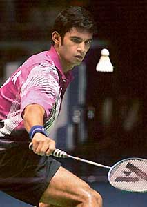 Anup Sridhar of India retrieves a shot during his mens singles match against Paul Le Tocq of Wales at the Sudirman Cup championship in Beijing on Tuesday. Sridhar won 15-4, 15-4