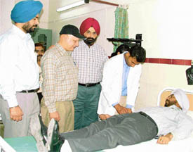 A volunteer donates blood at S.A.S Grewal Memorial Multi-Speciality Hospital in Ludhiana on Wednesday.