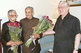 From left: Commander V.S.P. Mudaliar, Vice-President of the Indian Ex-Service League, and Major-Gen Bikram Singh Kanwar, President of the Indian Ex-Service League (IESL) are felicitated by Russia Ambassador Vyacheslan I. Trubnikov at the Russian Embassy in New Delhi on Thursday.
