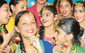 Students of Mount Carmel School, Sector 47-B, in a cheerful mood during a fancy dress competition organised at the school on Friday. 
