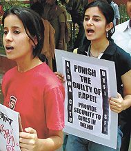 Activists of different organisations, led by All India Janvadi Mahila Samiti, on the march at Parliament Street in the Capital on Friday