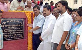 Deputy Commissioner Raj Kamal Chaudhuri lays the foundation stone of an open-air theatre at Government Nehru Memorial College in Mansa on Friday. PEDA Chairman Vijay Inder Singla and Old Students Association chief Rampal Dhaipai are also present.