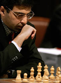 Viswanathan Anand studies the board against Veselin Topalov of Bulgaria during the M-Tel Masters in Sofia