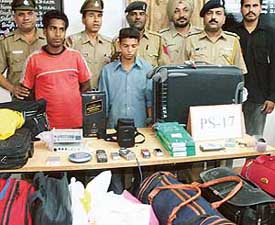 Members of a gang of thieves in police custody in Chandigarh on Sunday.