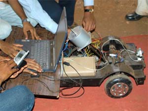 Students of BVB College of Hubli display their device at an exhibition in Hubli