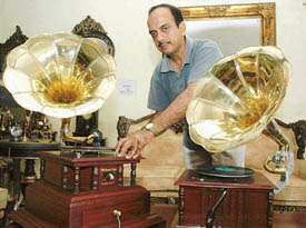 Capt Satinder Sharma with his gramophones.