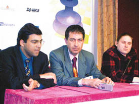 Indian Grandmaster Viswanathan Anand and Hungarys Judit Polgar with an interpreter at a press conference after their dramatic draw which left only the kings on the board in the fourth round of the M-Tel Masters Chess Tournament at Sofia in Bulgaria on Sunday. 