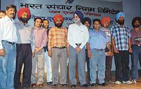 Award-winning sportspersons of the BSNL along with the Chief General Manager of the BSNL, Punjab Circle, Mr G.S Bhatia  at a function held to mark the World Telecom Day at Makhan Shah Lubhana Bhavan
