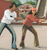 Oriya film actors Sritam Das and Jyoti Mishra during the shooting of Wrong Number