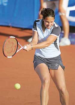 Marta Marrero of Spain hits a shot during her match against Venus Williams of the USA at the Istanbul Cup on Tuesday