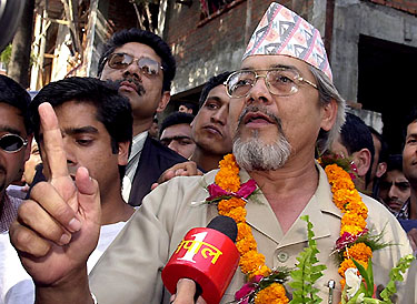 Former Deputy Prime Minister Bam Dev Gautam talks to reporters in Kathmandu on Wednesday after his release from 107 days of detention