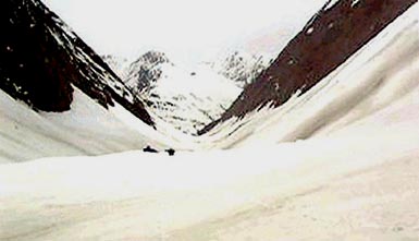 A view of the snow-covered route to the Amarnath shrine at Baltal on Wednesday