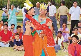 Students of SGHSS School, Sector 38, perform in a play Zor ka Jhatka Dhere se at the children community theatre festival organised at Fragrance Garden, Scctor 36, Chandigarh, on Friday. 