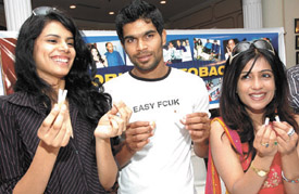 Models Neha Kapur, Ignatius Camello and singer Shibani Kashyap during the launch of Anti-Tobacco Drive Underway, the first-ever fortnight-long campaign on how to quit smoking, at a press conference organised by Heart Care Foundation of India in the Capital. 