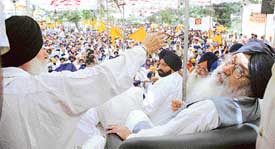Shiromani Akali Dal supremo and former Chief Minister Parkash Singh Badal during a dharna at the Mini Secretariat in Ludhiana on Friday