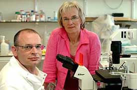 Dr Miodra Stojkovic (left) and Prof Alison Murdoch sit next to a micromanipulator used to carry out nuclear transfers at the Centre for Stem Cell Biology and Development Genetics, based in the Centre for Life in Newcastle upon Tyne, England, on Thursday. 