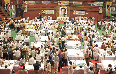 A view of Talkatora Indoor Stadium where hundreds of Youth Congress activists donate blood at a camp, organised by Delhi Pradesh Youth Congress Committee, to mark the death anniversary of Prime Minister Rajiv Gandhi, in the Capital on Saturday