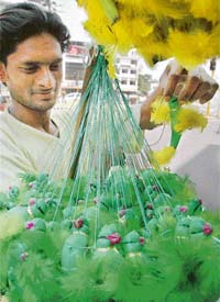 Raju with a bunch of stuffed parrots in Ludhiana